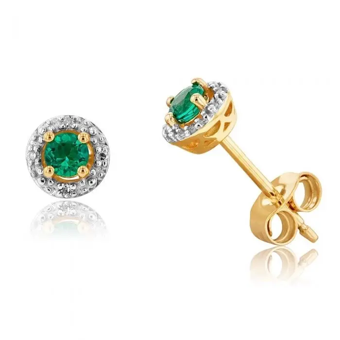 9ct Yellow Gold Created Emerald and Diamond Halo Studs Earrings