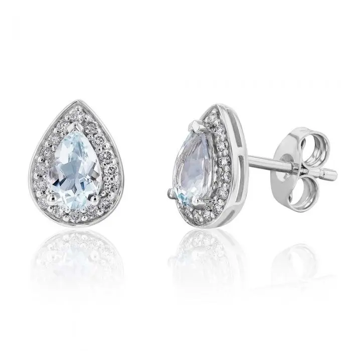 9ct White Gold 6x4mm Aquamarine and Diamond Pear Halo Stud Earrings