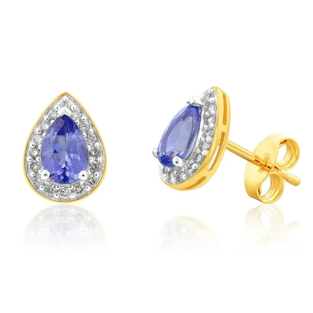 9ct Yellow Gold 0.90ct Tanzanite and 0.15 Carat Diamond Pear Halo Stud Earrings