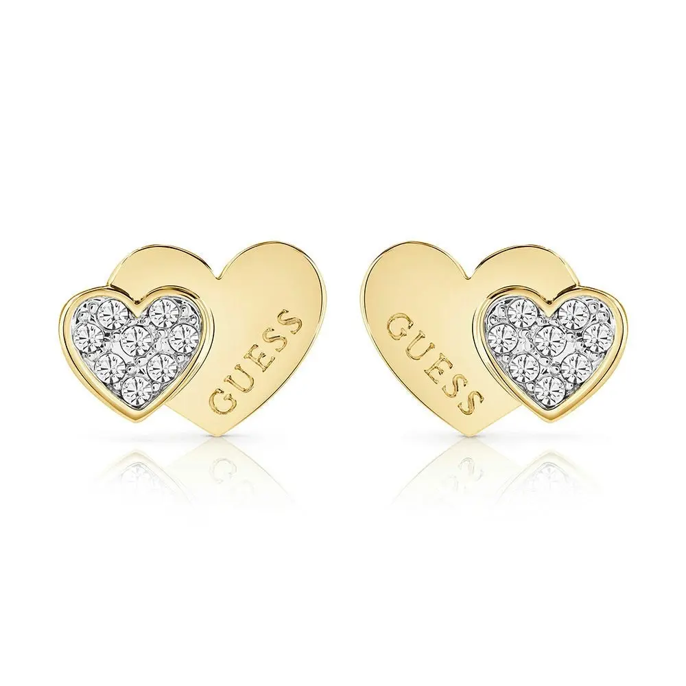 Guess Yellow Gold Plated Double Heart Pave Stud Earrings