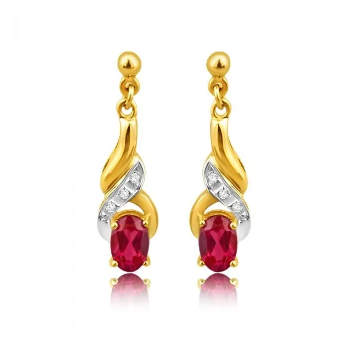 9ct Alluring Yellow Gold Created Ruby + Diamond Drop Earrings