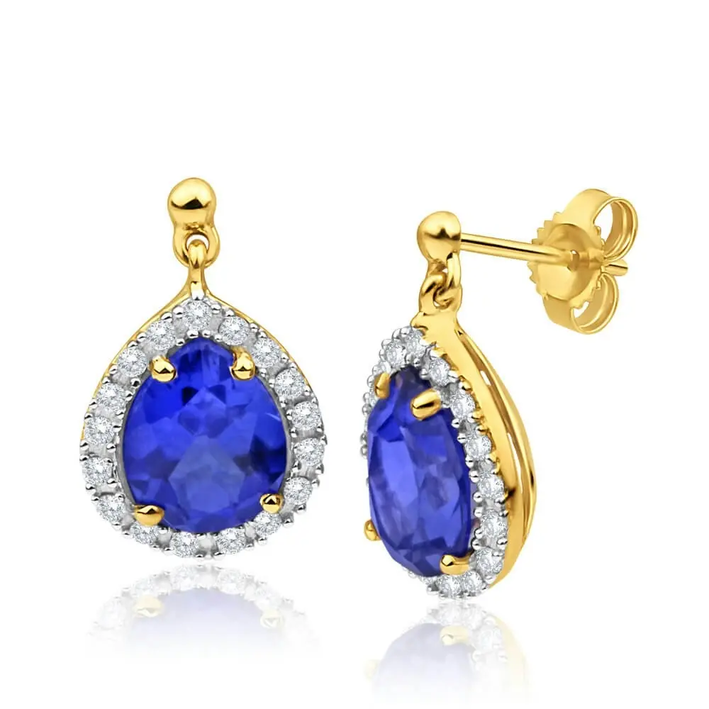 9ct Yellow Gold Created Sapphire Cubic Zirconia Drop Earrings