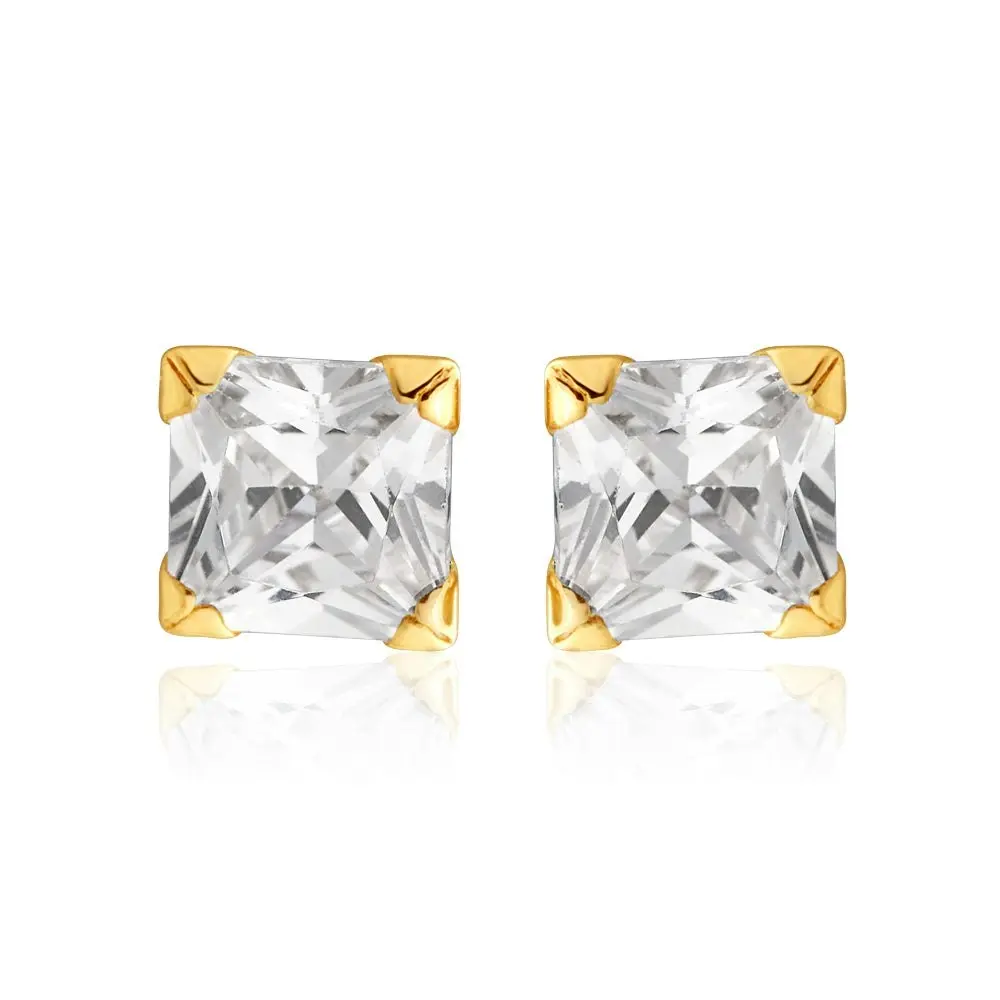 9ct Yellow Gold Cubic Zirconia 4mm Princess Stud Earrings