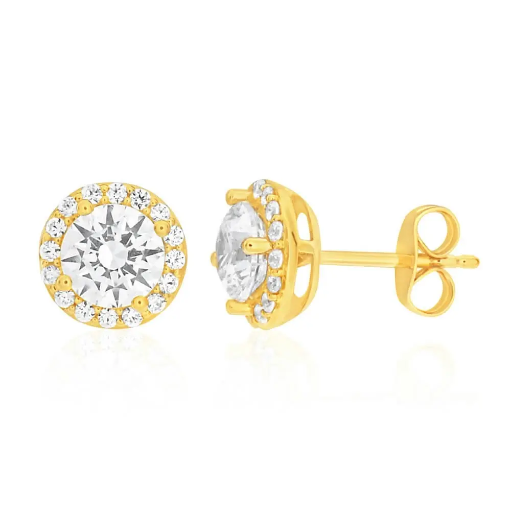 9ct Yellow Gold Cubic Zirconia Halo Stud Earrings