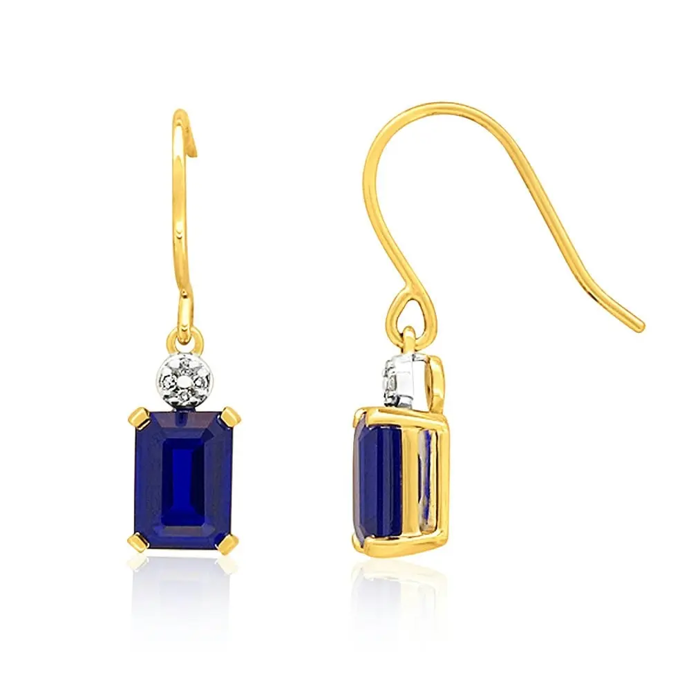 9ct Yellow Gold Created Sapphire Drop Earrings with Diamonds