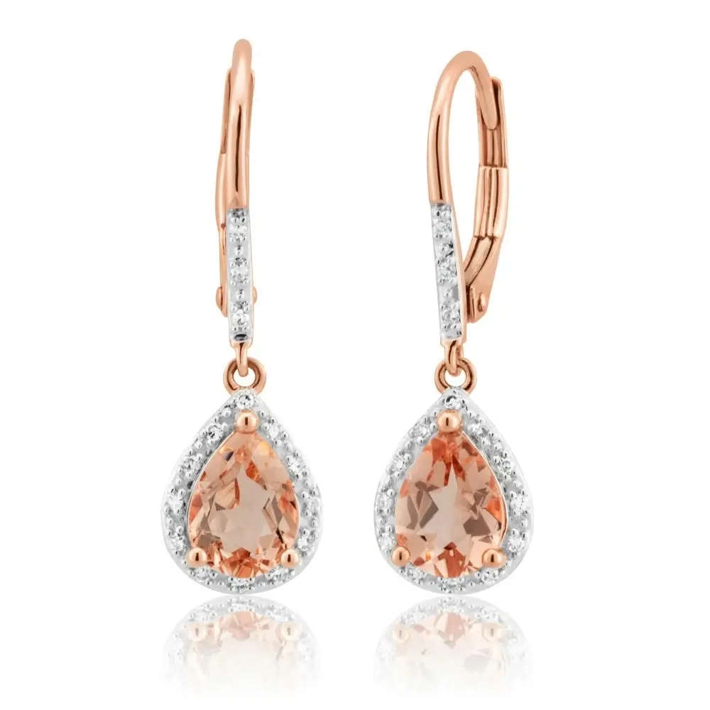 9ct Rose Gold Morganite Pear & Diamond Drop Earrings