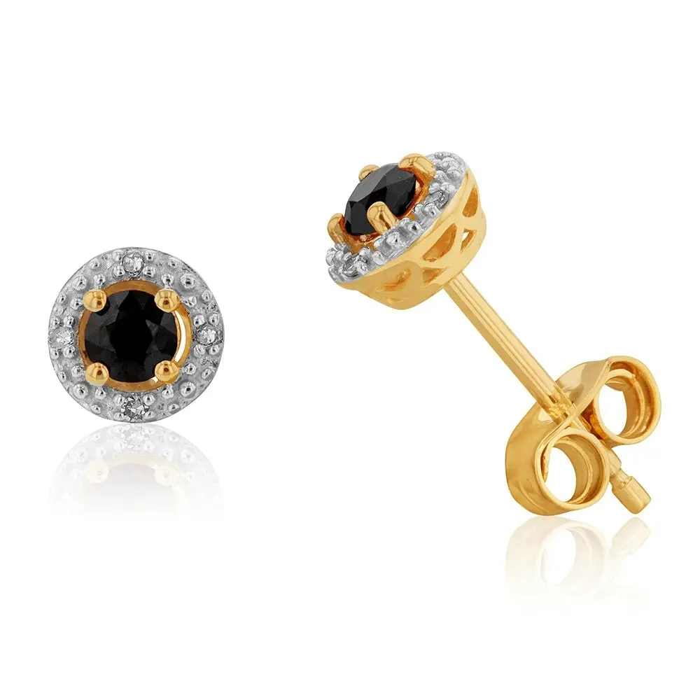 9ct Yellow Gold Natural Sapphire and Diamond Halo Stud Earrings