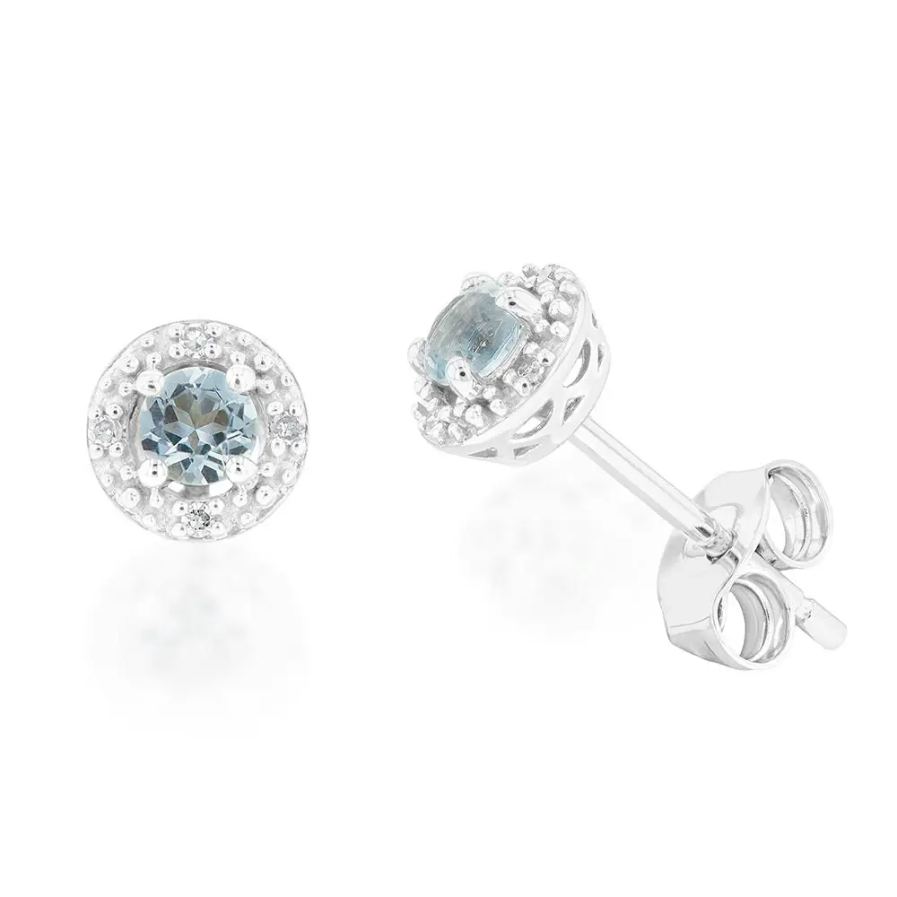 9ct White Gold Aquamarine and Diamond Halo Stud Earrings