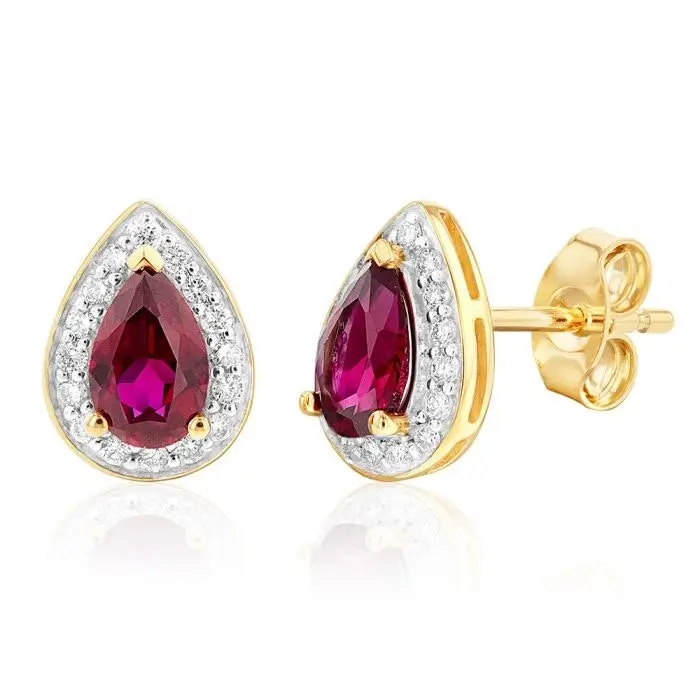 9ct Yellow Gold Created Ruby and Diamond Pear Halo Stud Earrings