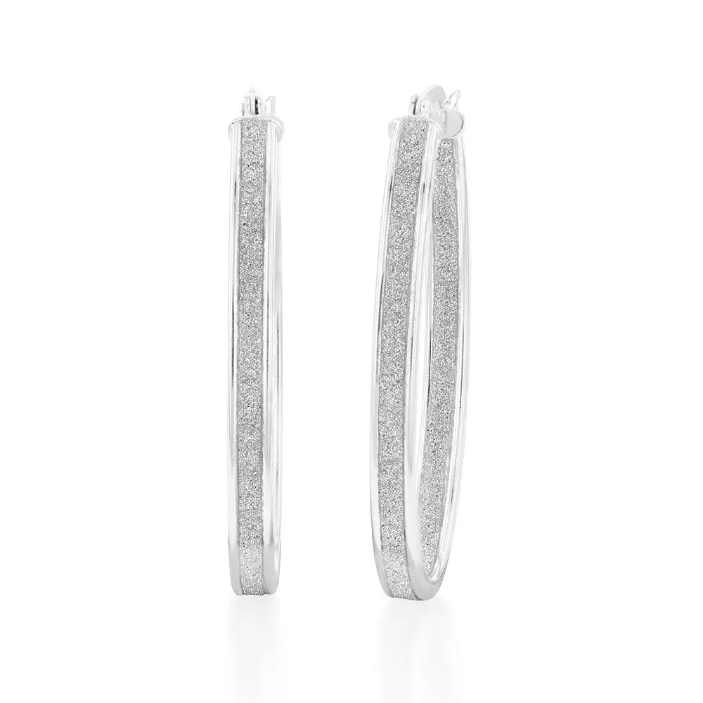 Sterling Silver Stardust Oval Hoop Earrings