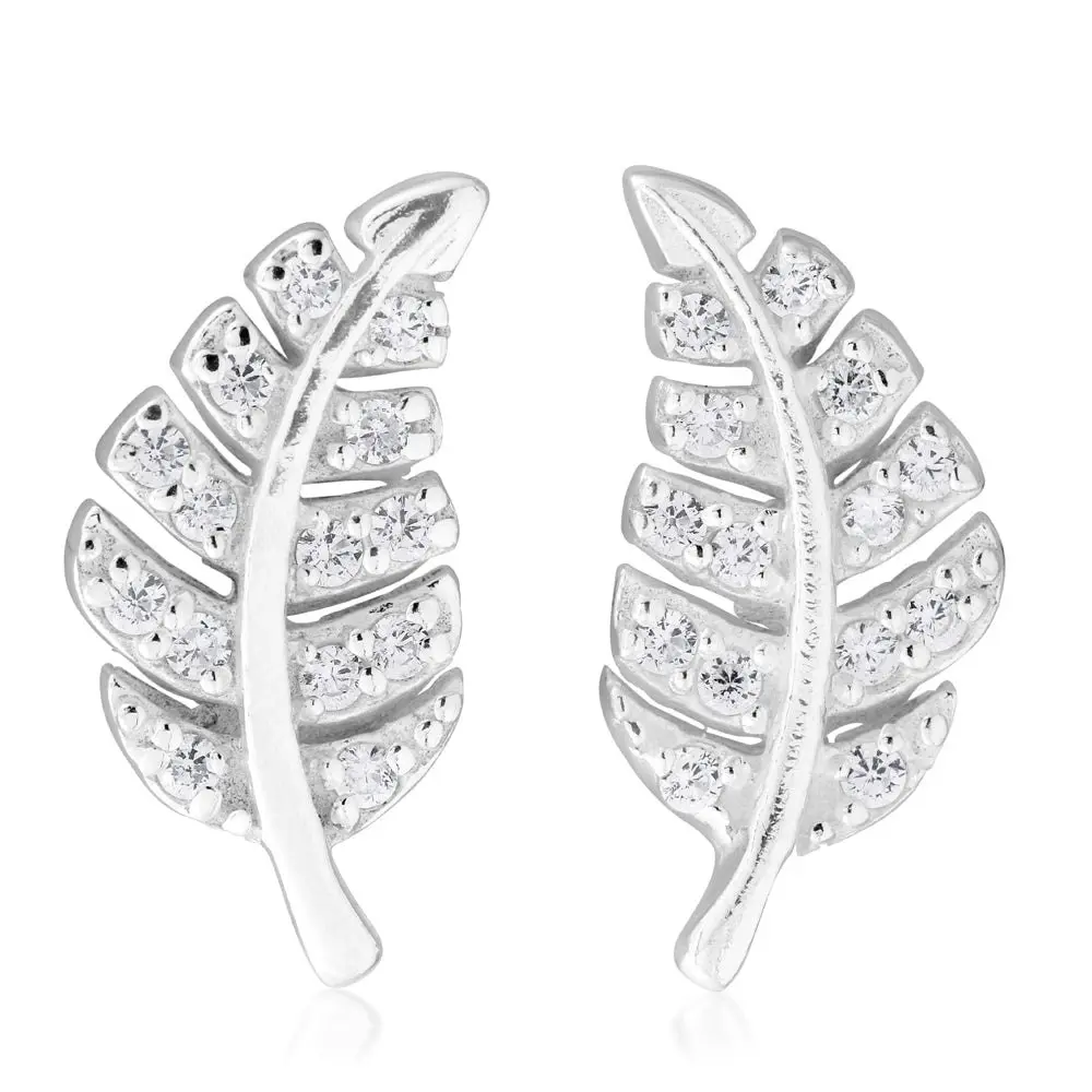 Sterling Silver Zirconia Leaf Stud Earrings