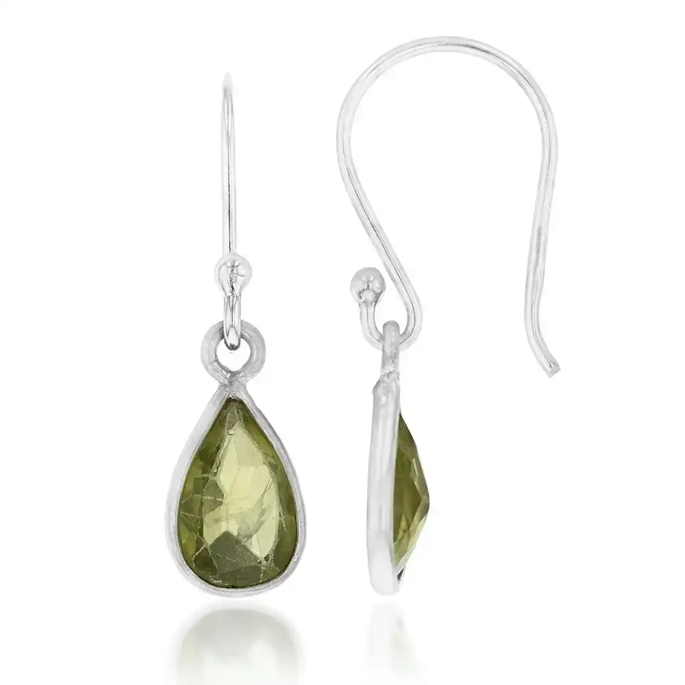 Sterling Silver Peridot Pear Hook Drop Earrings