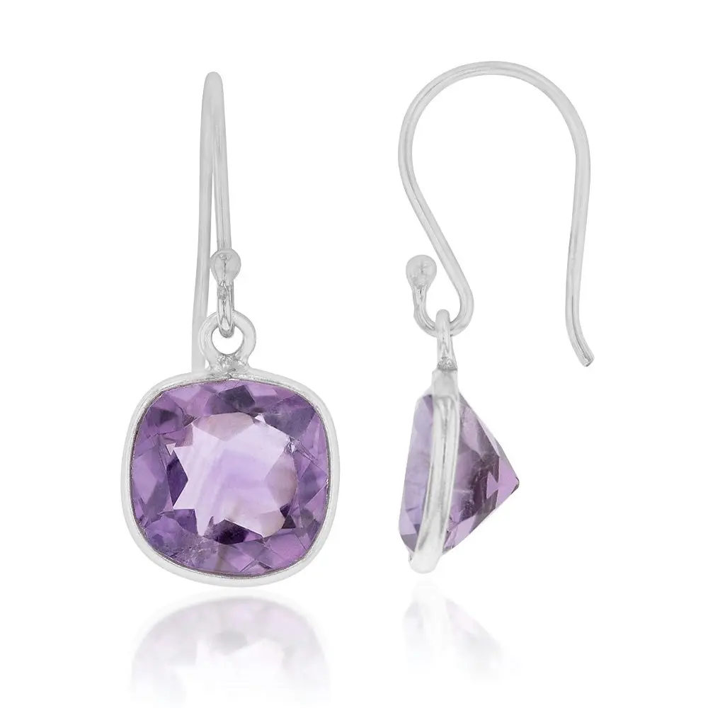 Sterling Silver Amethyst Cushion Cut Hook Drop Earrings