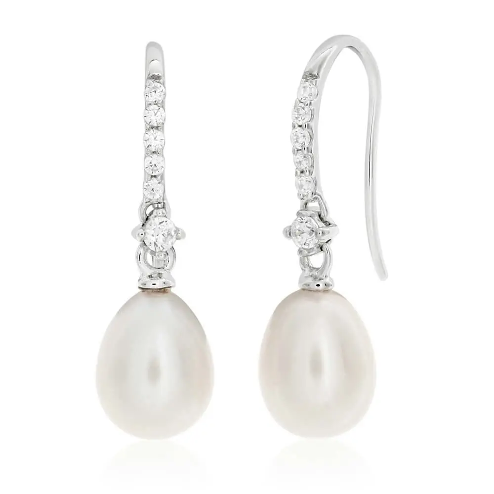 Sterling Silver White Freshwater Pearl + Cubic Zirconia Drop Earrings