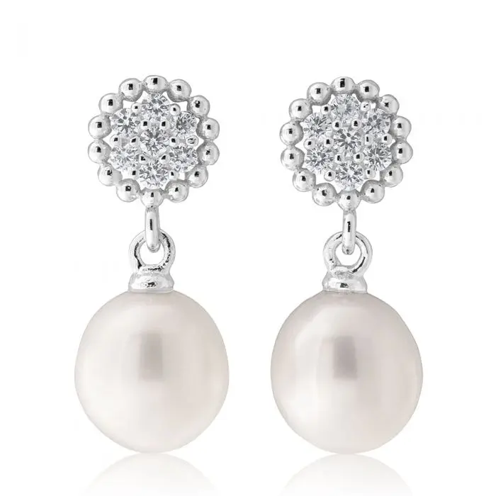 Sterling Silver White Freshwater Pearl 7.5-8mm & Zirconia Earrings