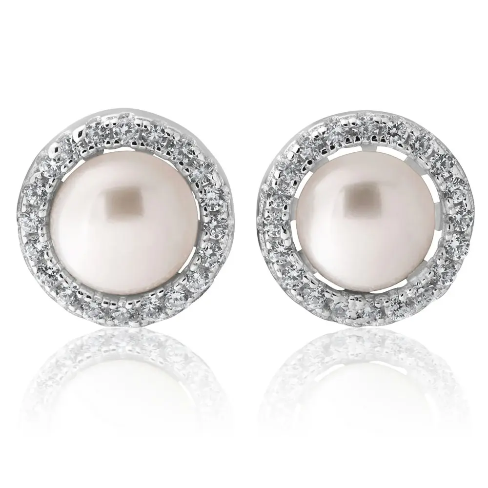 Sterling Silver Cubic Zirconia + Pearl Halo Stud Earrings