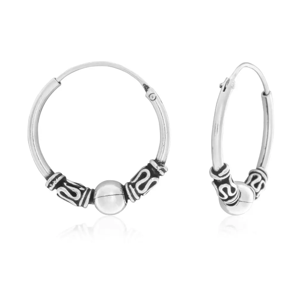 Sterling Silver Fancy Oxidised Bead Hoop Earrings