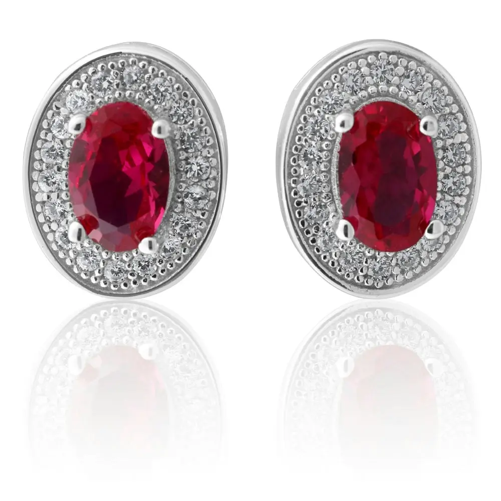 Sterling Silver Created Ruby and Zirconia Oval Studs