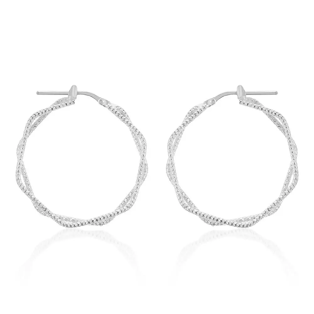 Sterling Silver Fancy Twin Hexagonal Hoops Earrings