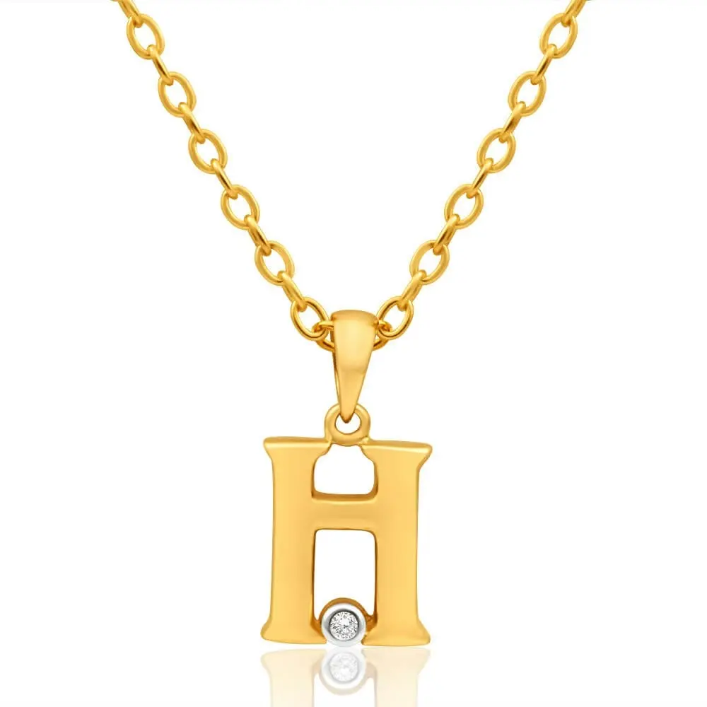 9ct Yellow Gold Pendant Initial H set with Diamond