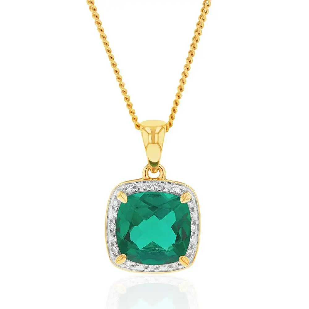 9ct Yellow Gold 8mm Created Emerald and Diamond Cushion Cut Pendant