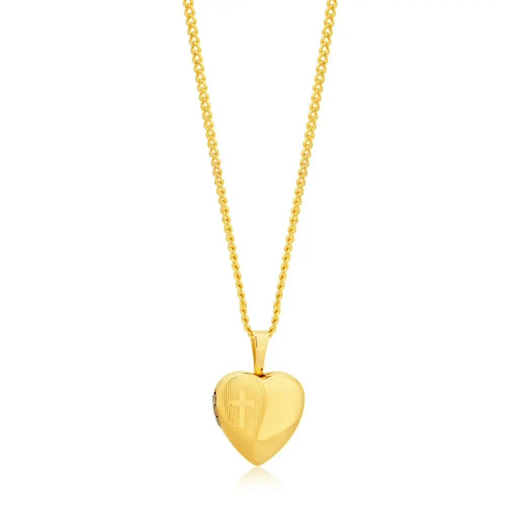 9ct Yellow Gold Etched Cross Heart Locket