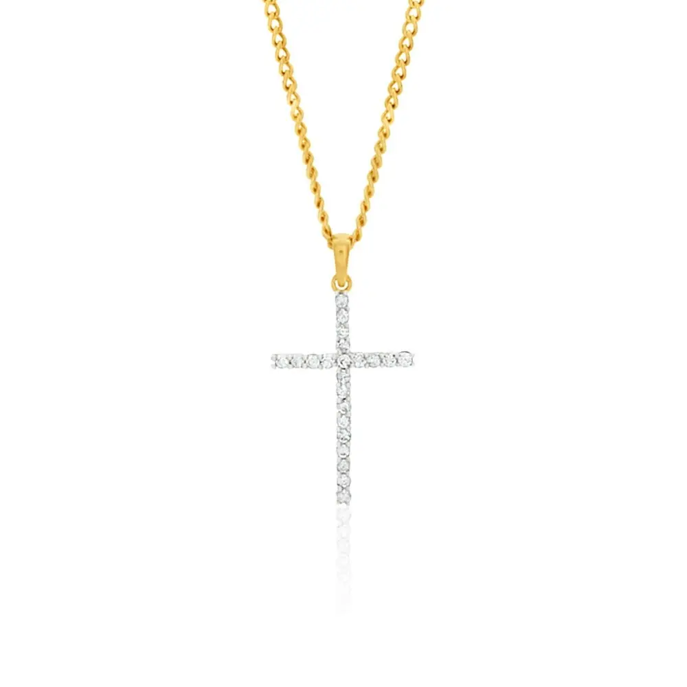 9ct Yellow Gold Diamond Cross Pendant Set with 22 Brilliant Diamonds