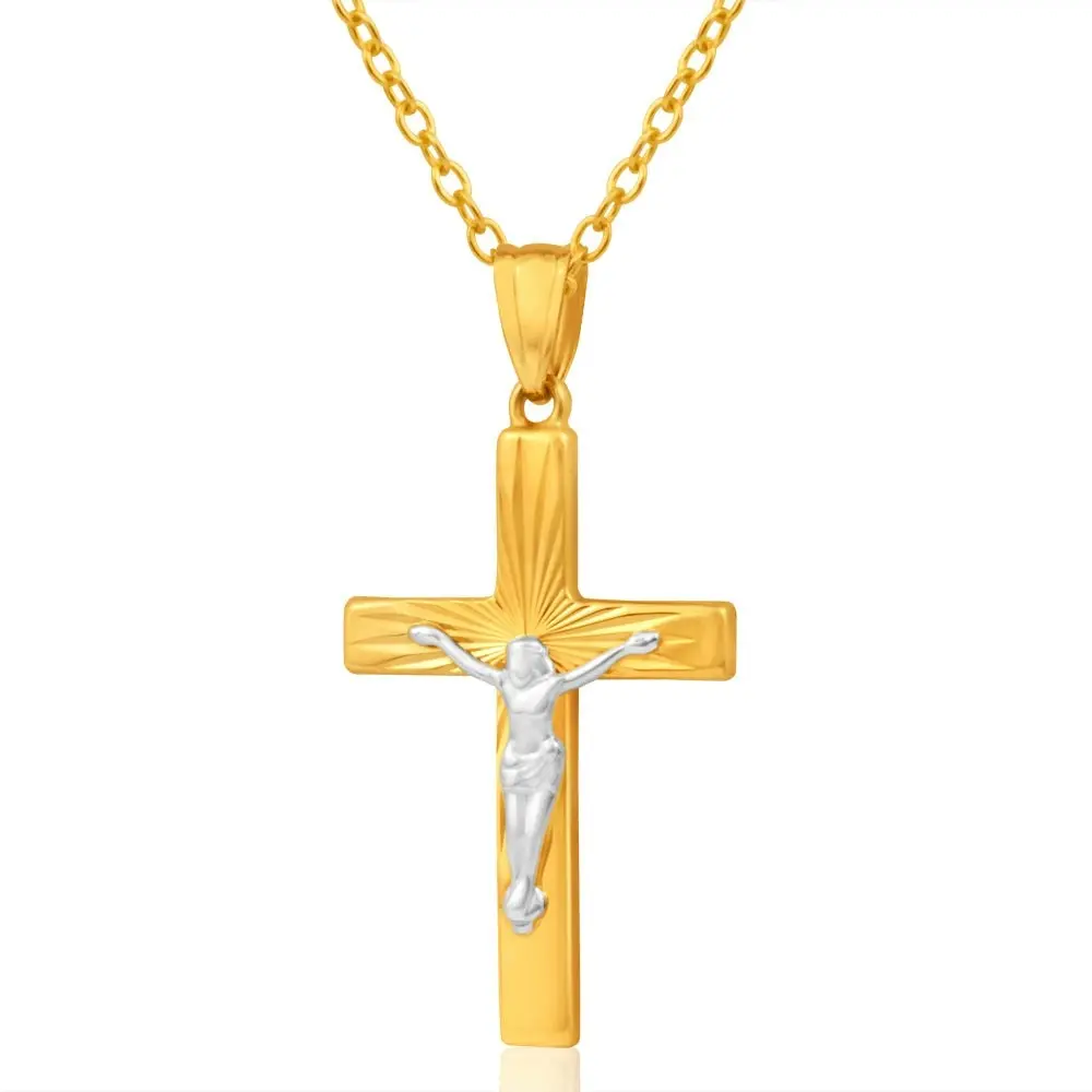 9ct Yellow Gold & White Gold Crucifix Pendant with Diamond cutting