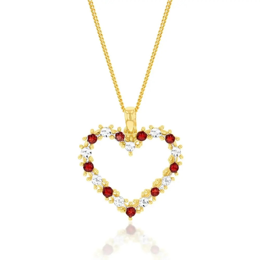 9ct Yellow And White Gold Two Tone Red And White Open Heart Pendant