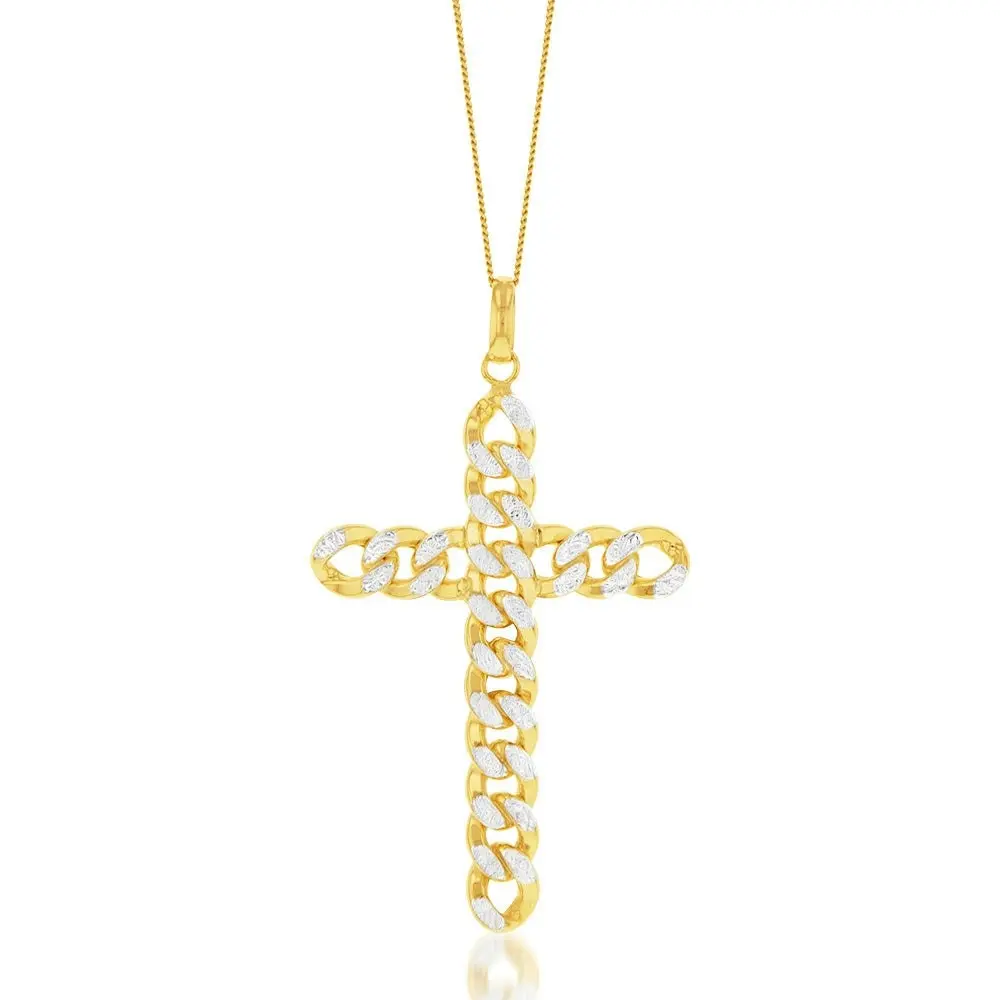 9ct Yellow Gold Silverfilled Diamond Cut Curb Link Cross Pendant