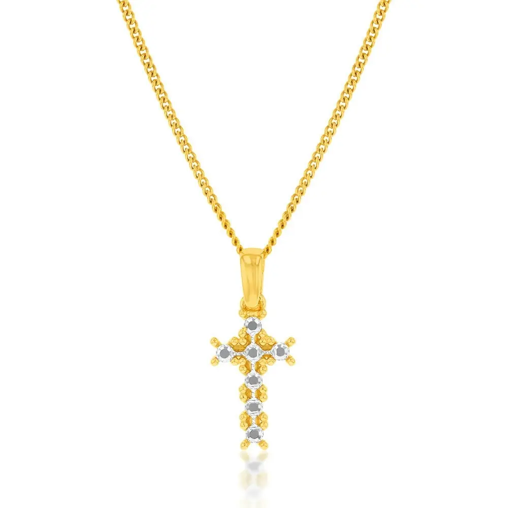 9ct Yellow And White Gold Two Tone Diamond Cut Small Cross Pendant