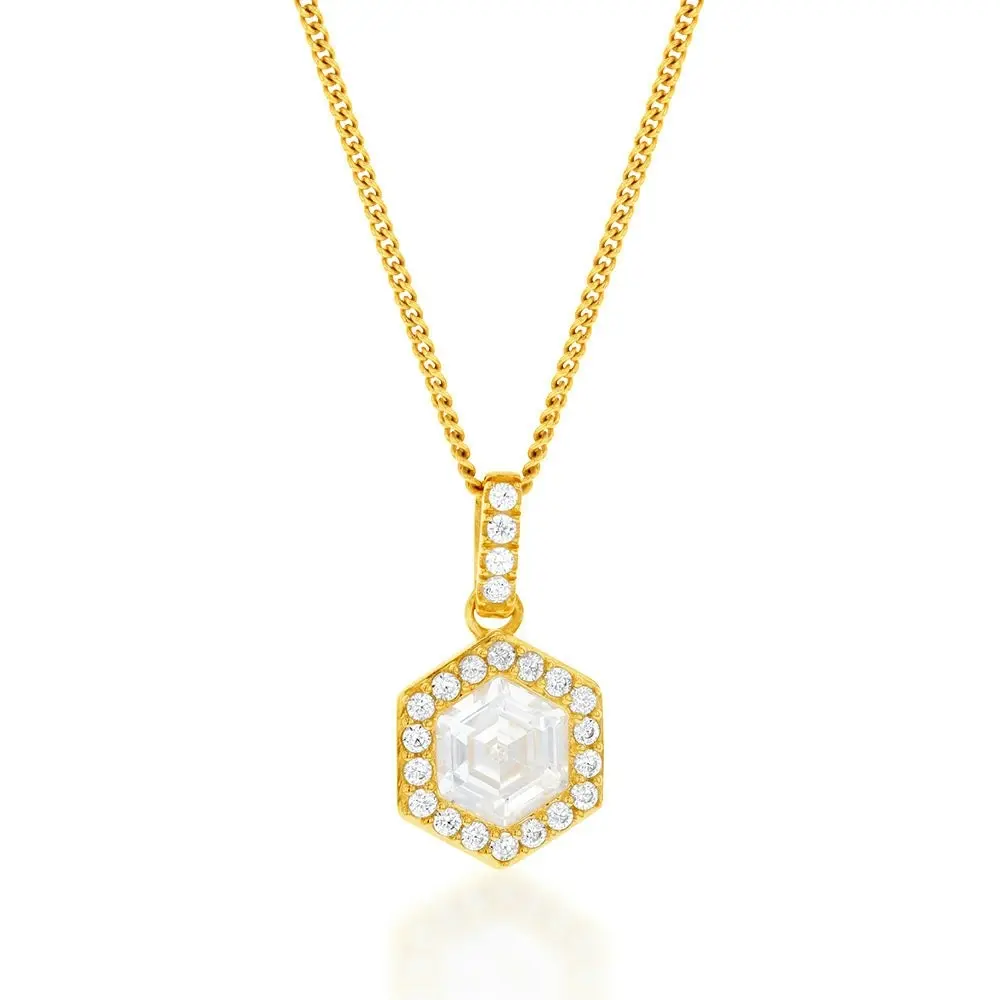 9ct Yellow Gold Hexagonal Cubic Zirconia Halo Pendant