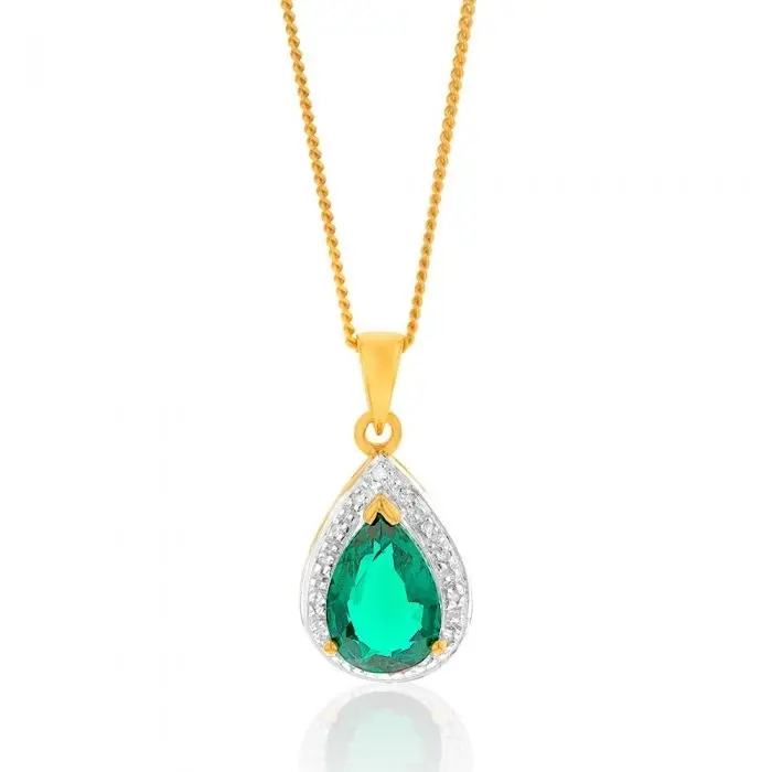 9ct Yellow Gold Created Emerald and Diamond Pendant