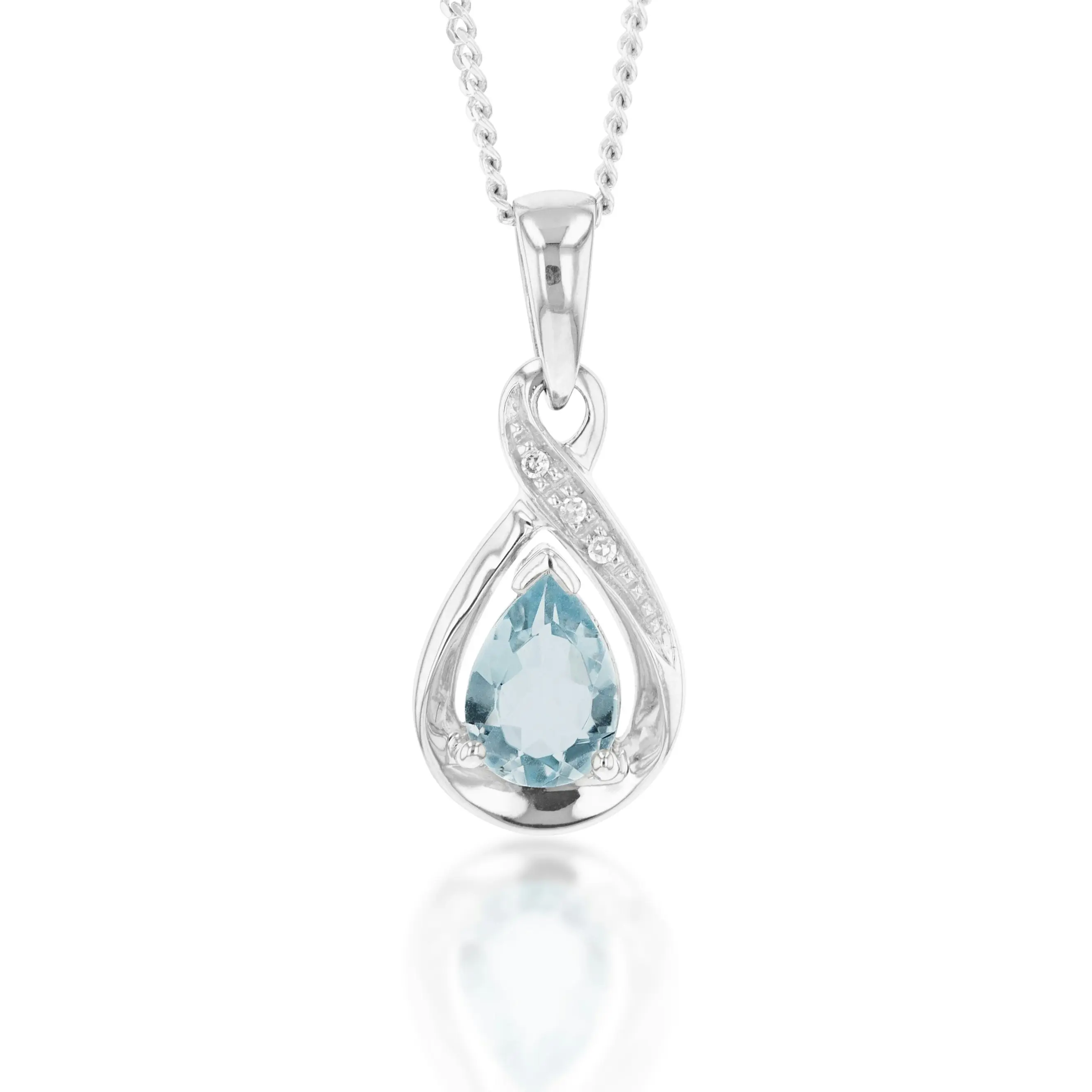 9ct White Gold Pear Shaped Aquamarine + Diamond Pendant