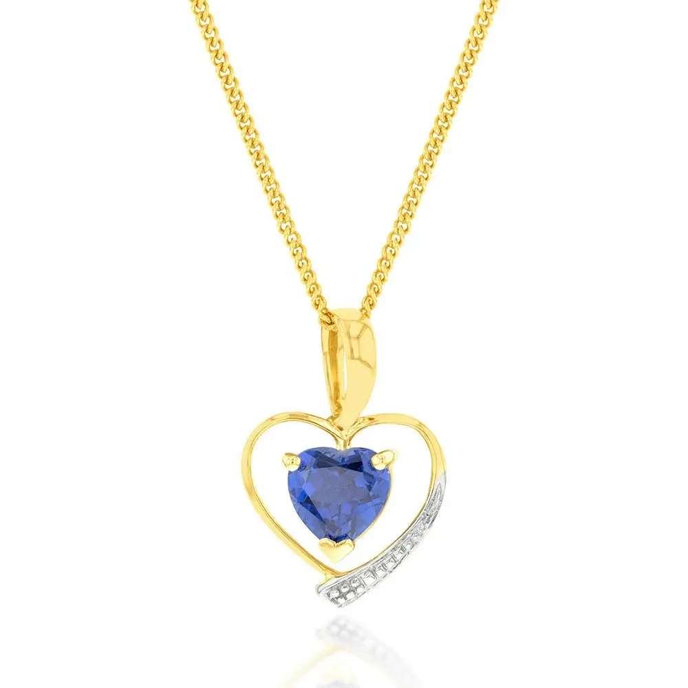 9ct Yellow Gold Created Sapphire Heart Pendant