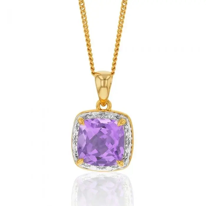 9ct Yellow Gold 5mm Amethyst and Diamond Pendant