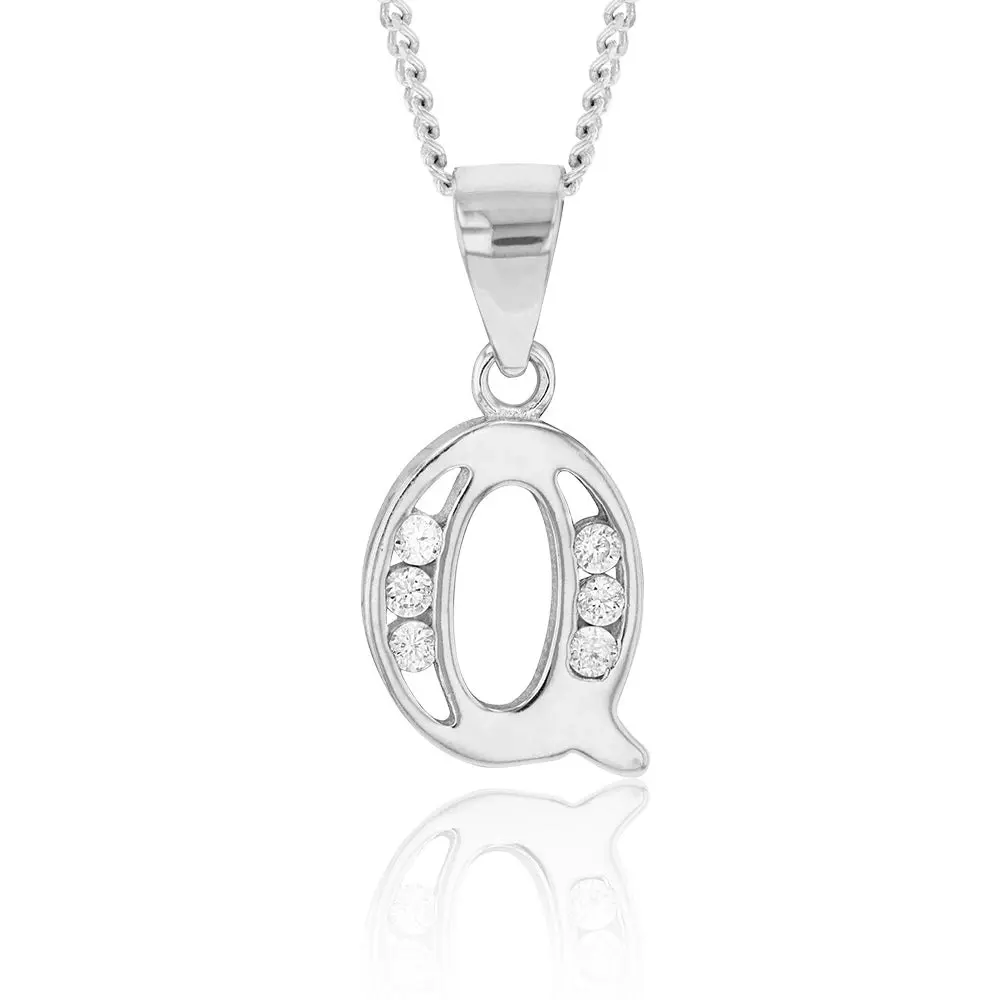 Sterling Silver Initial Zirconia  Initial "Q" Pendant