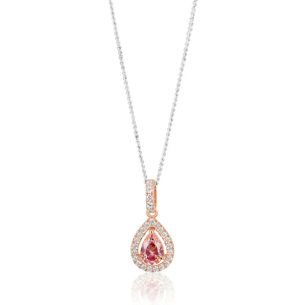 Sterling Silver Rose Plated Zirconia Pear Pendant