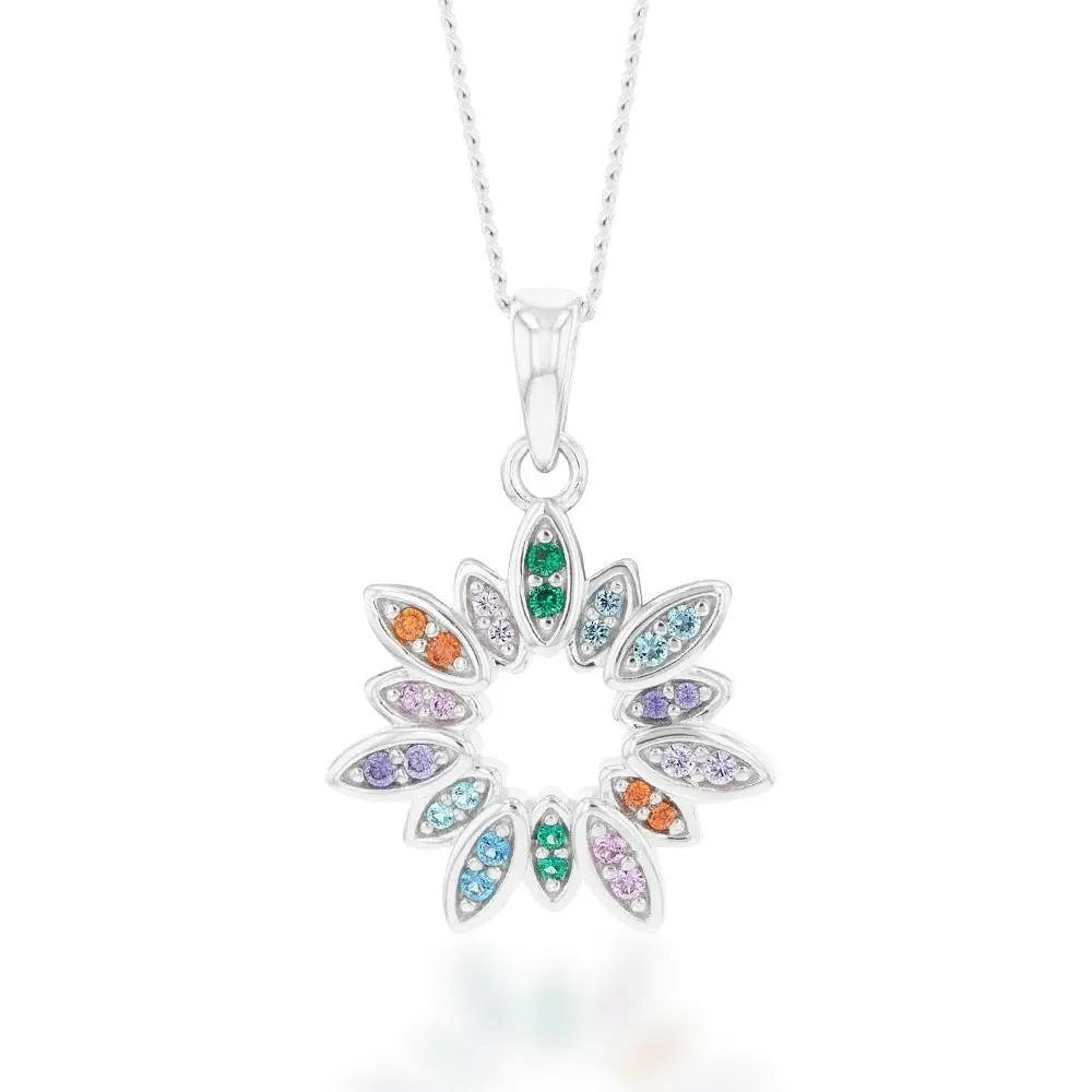 Sterling Silver Rainbow Multicolour Cubic Zirconia Flower Pendant