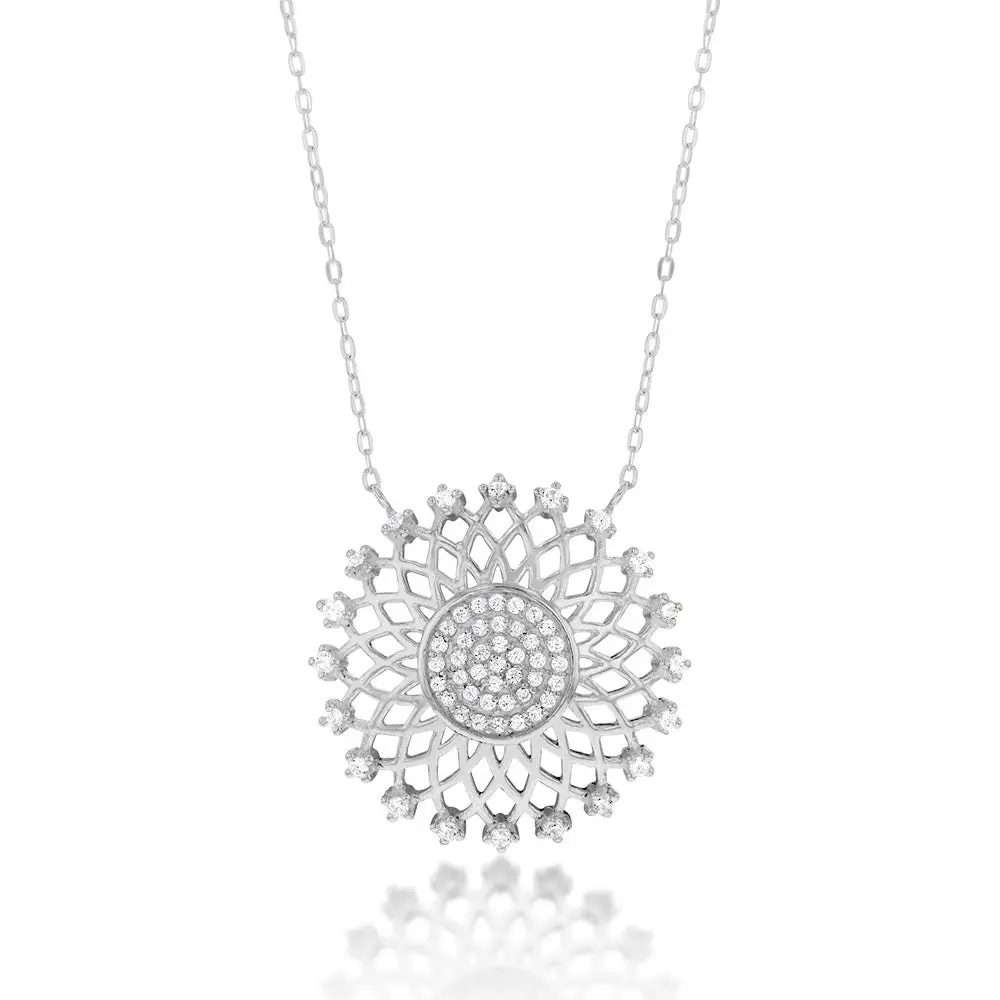 Sterling Silver Cubic Zirconia Flower Pendant on 42+3cm Chain