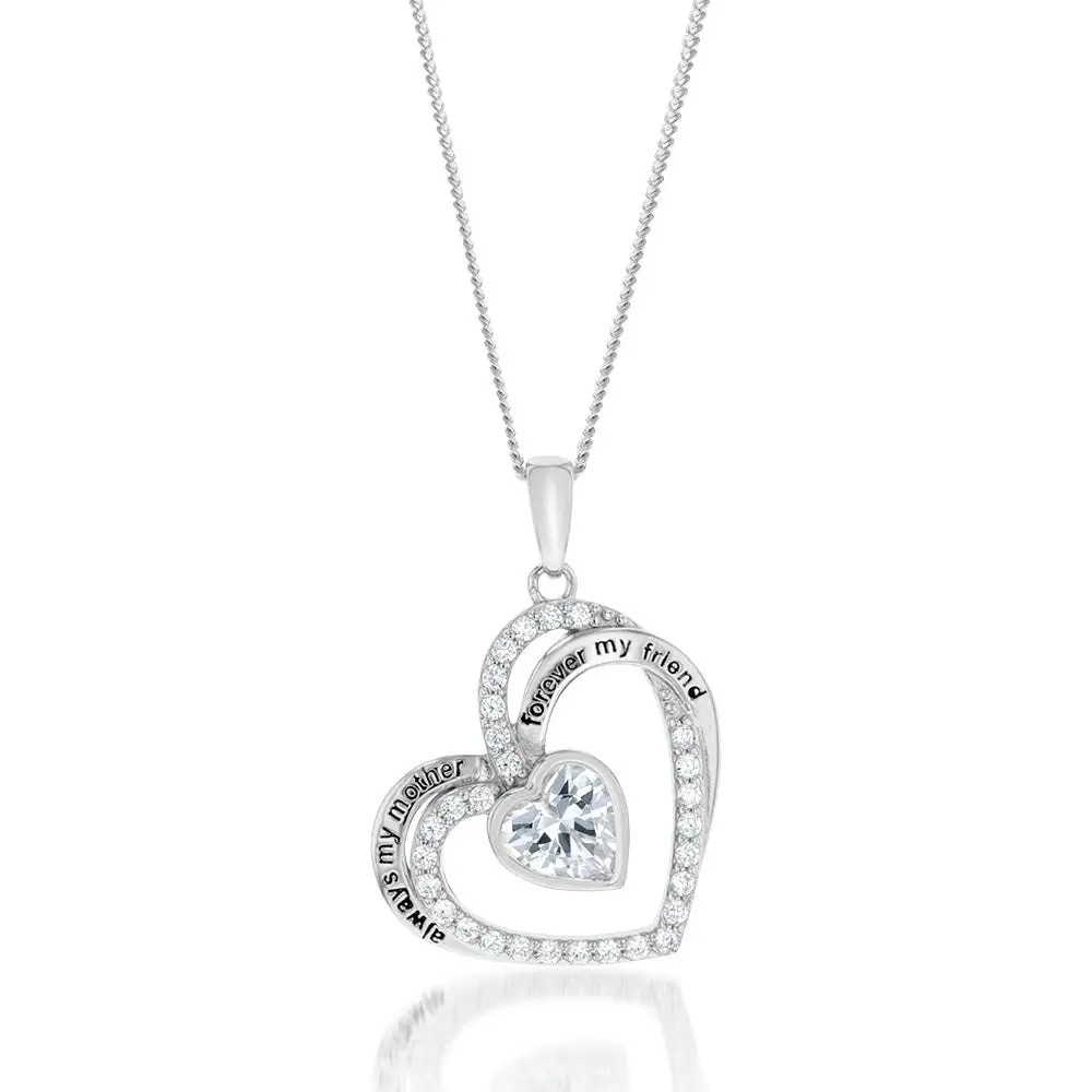 Sterling Silver White Cubic Zirconia And Inscription On Double Heart Pendant