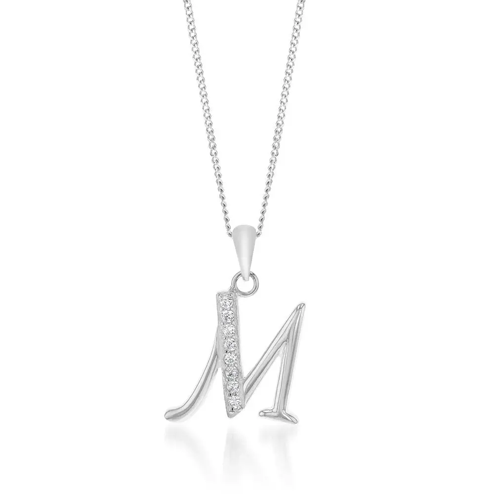 Sterling Silver Cubic Zirconia Cursive Initial "M" Pendant