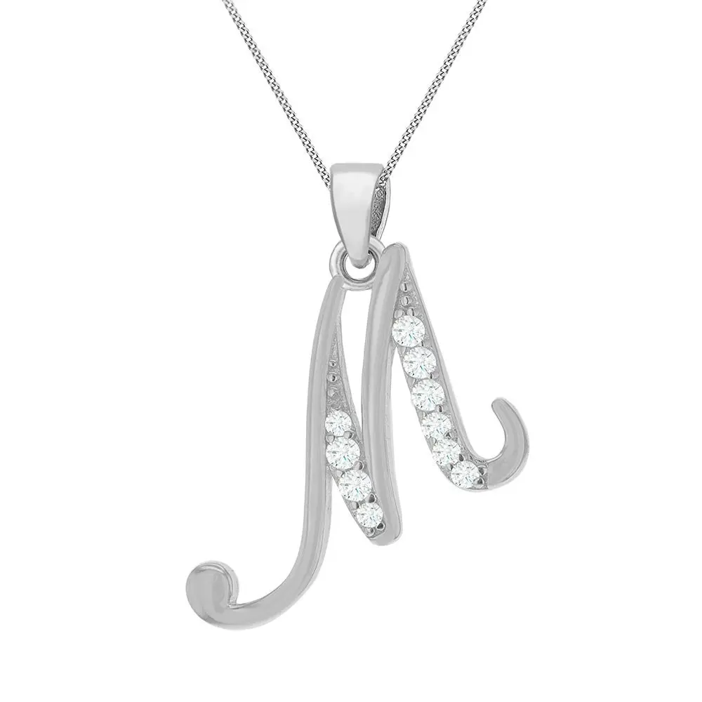 Sterling Silver Rhodium Plated Cubic Zirconia Script "M" Initial Pendant