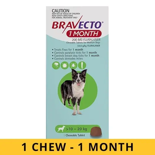 Bravecto For Dogs 10 to 20 Kg (GREEN) MONTHLY 1 Chew