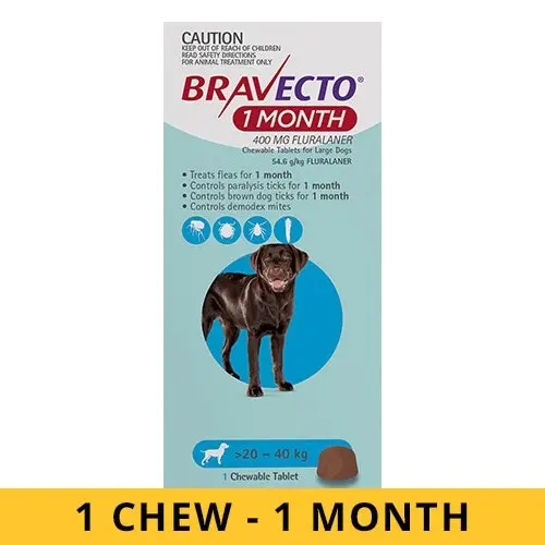 Bravecto For Dogs 20 to 40 Kg (BLUE) MONTHLY 1 Chew