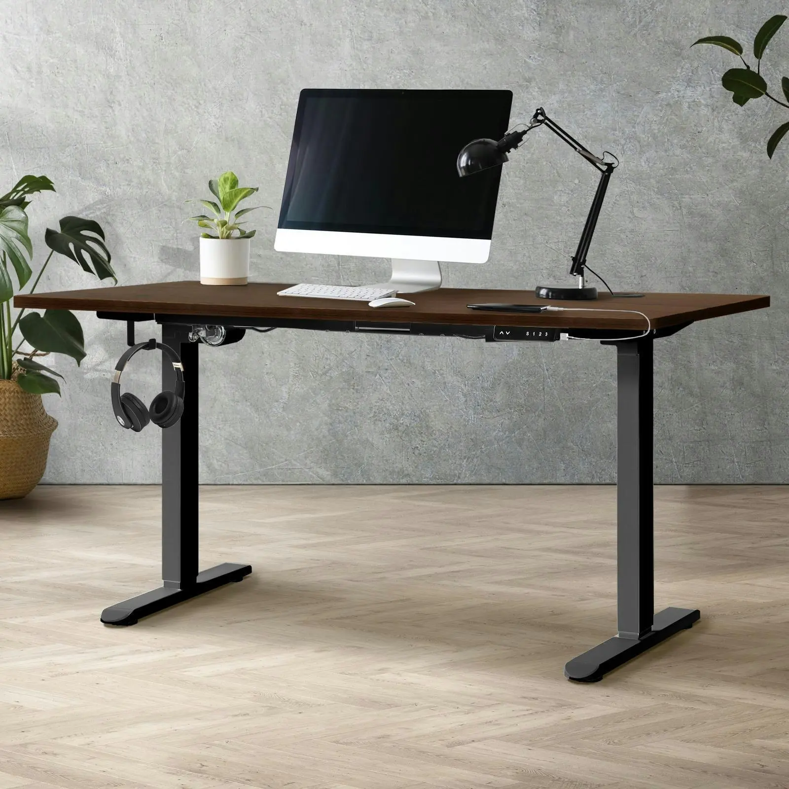 Oikiture 150CM Electric Standing Desk Single Motor Black Frame Walnut Desktop With USB&Type C Port