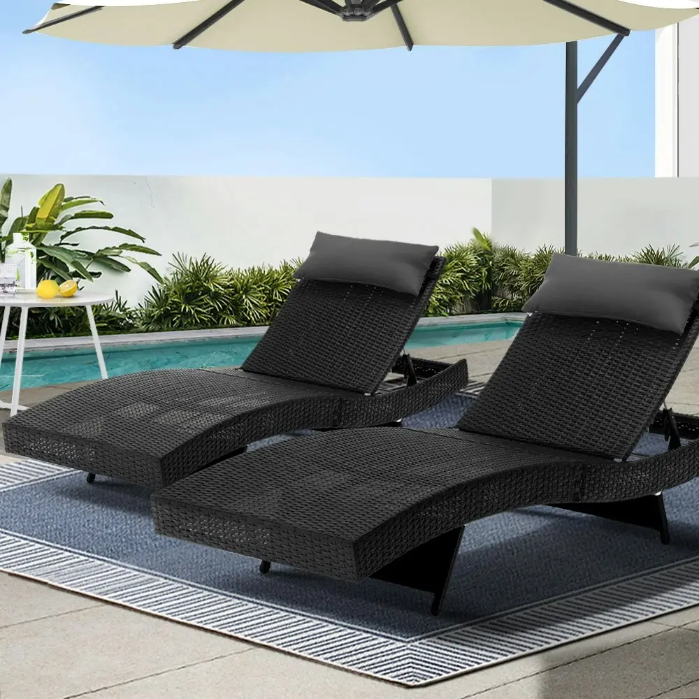 Gardeon 2PC Sun Lounge Wicker Lounger Outdoor Furniture Beach Chair Garden Adjustable Black