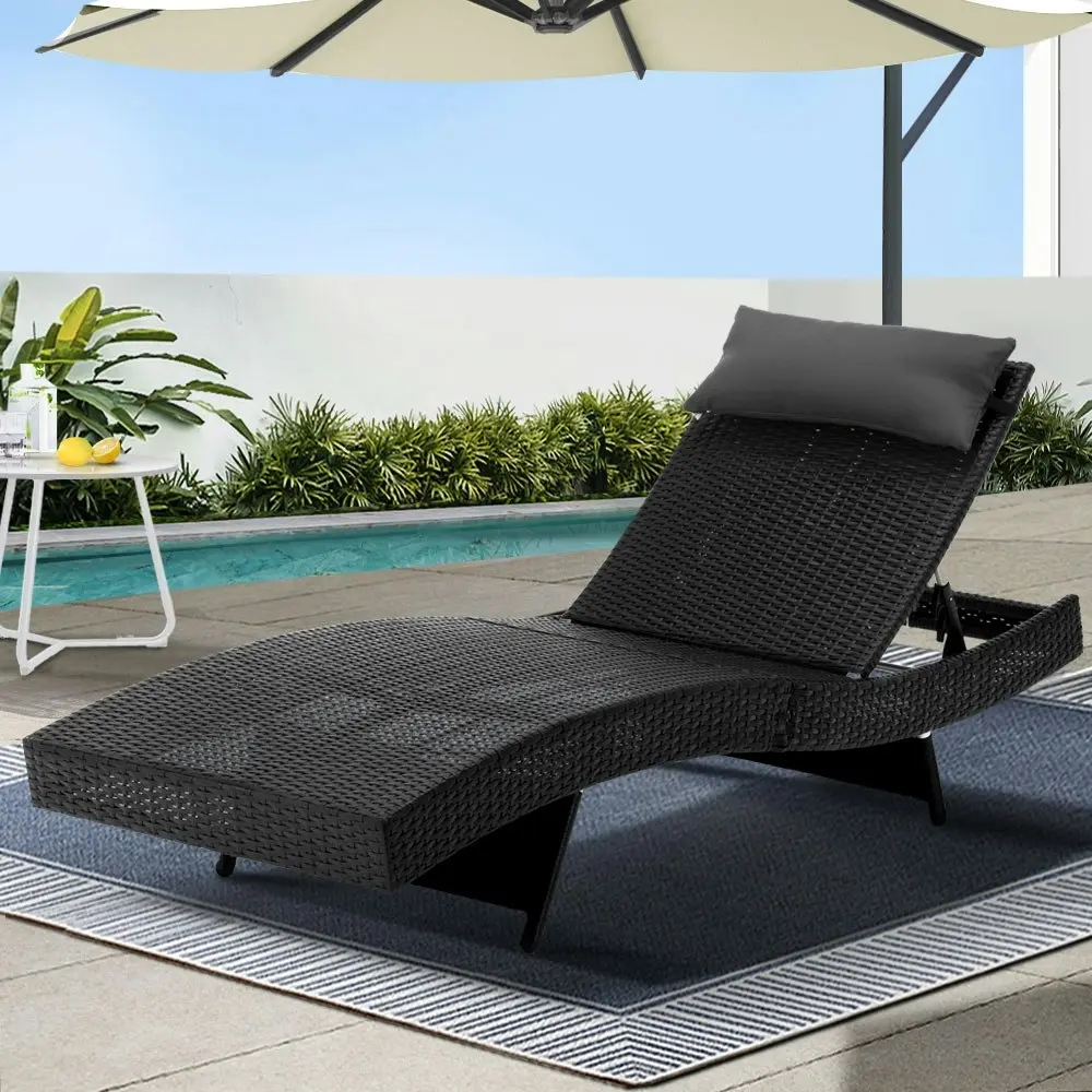 Gardeon Sun Lounge Wicker Lounger Outdoor Furniture Beach Chair Garden Adjustable Black