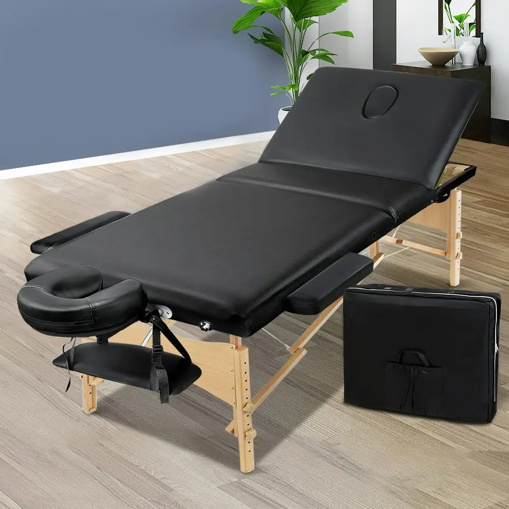 Zenses Massage Table 60cm Portable 3 Fold Wooden Beauty Bed Black