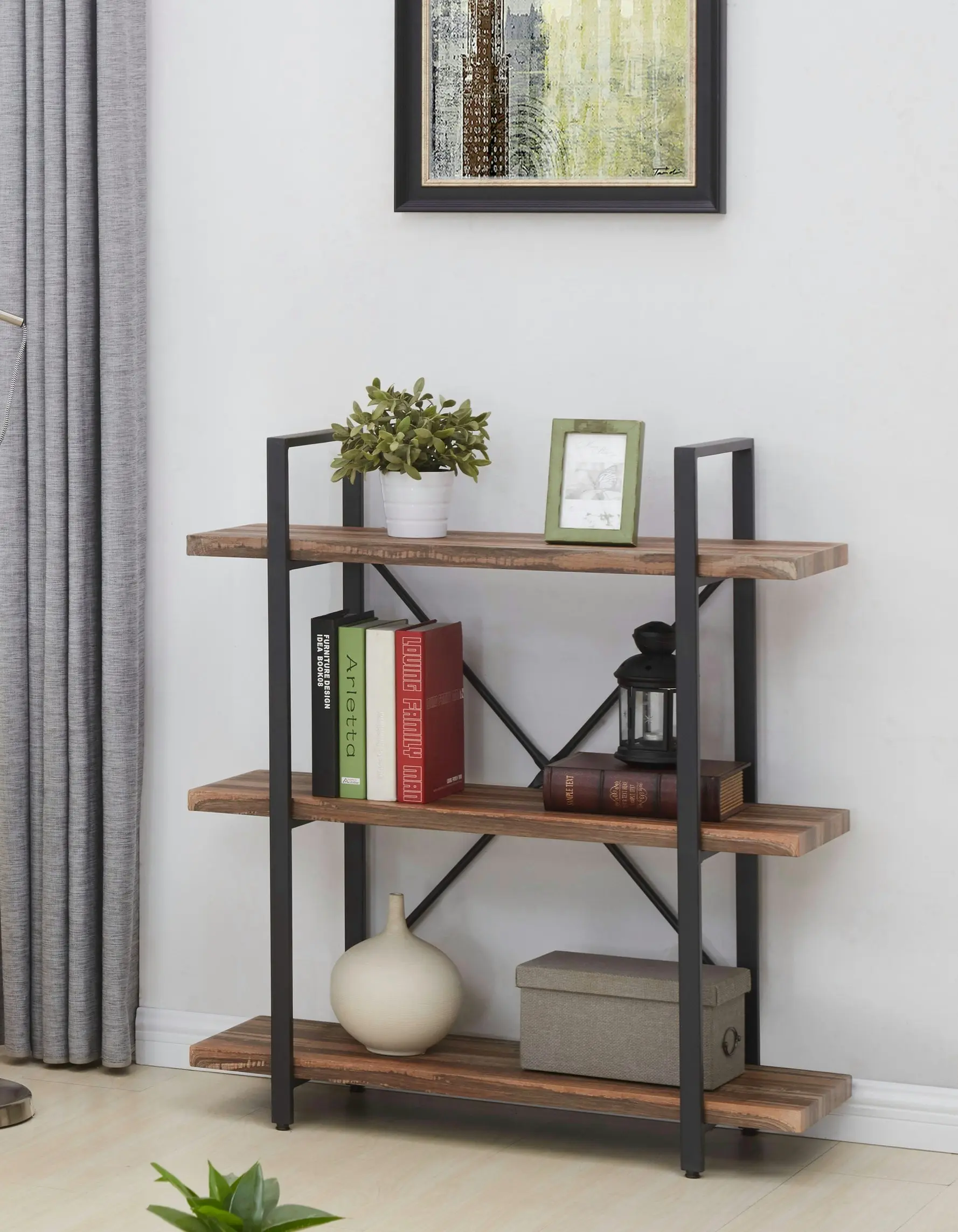 IHOMDEC 3 Tier Industrial Vintage Wood and Metal Bookcase